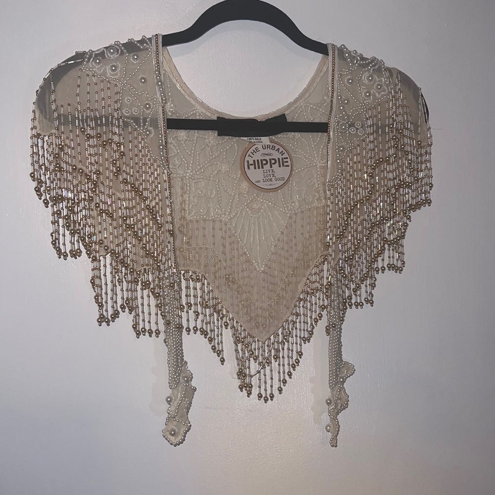 Gold/White Beaded Silk Wrap